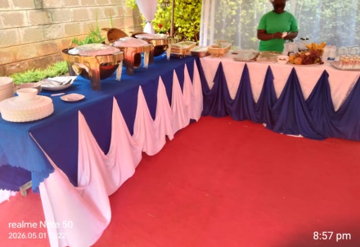 Blue and pink draped buffet setup