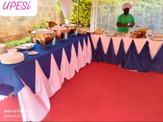 Blue and pink pleated buffet skirting