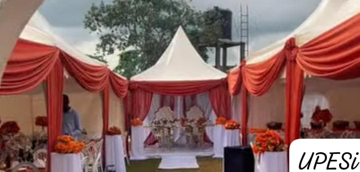Red and white wedding ceremony decor